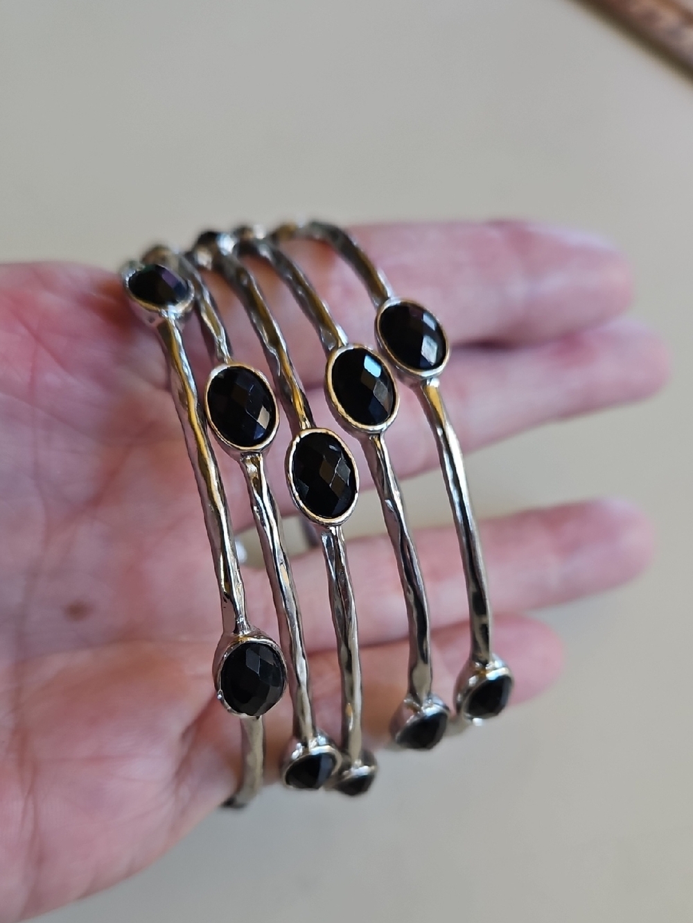 Stackable Silver-Tone Bracelets with Black Faceted Faux Gemstones Set Of 5 - Picture 3 of 4